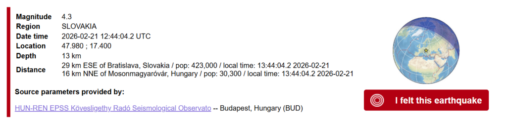 O zemetrasení pri Bratislave informoval portál emsc.eu