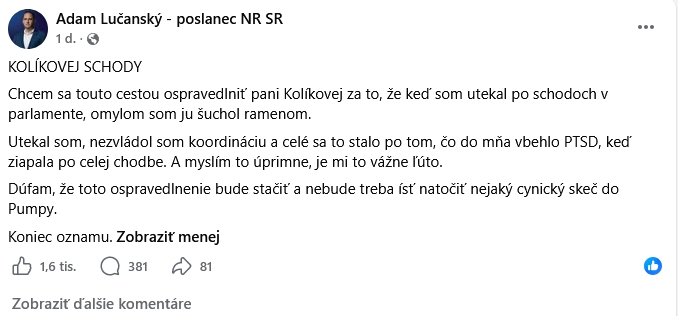 Dráma v NR SR. Kolíkovú mal koaličný poslanec takmer zhodiť zo schodov! Pomsta za úmrtie otca? 3 status